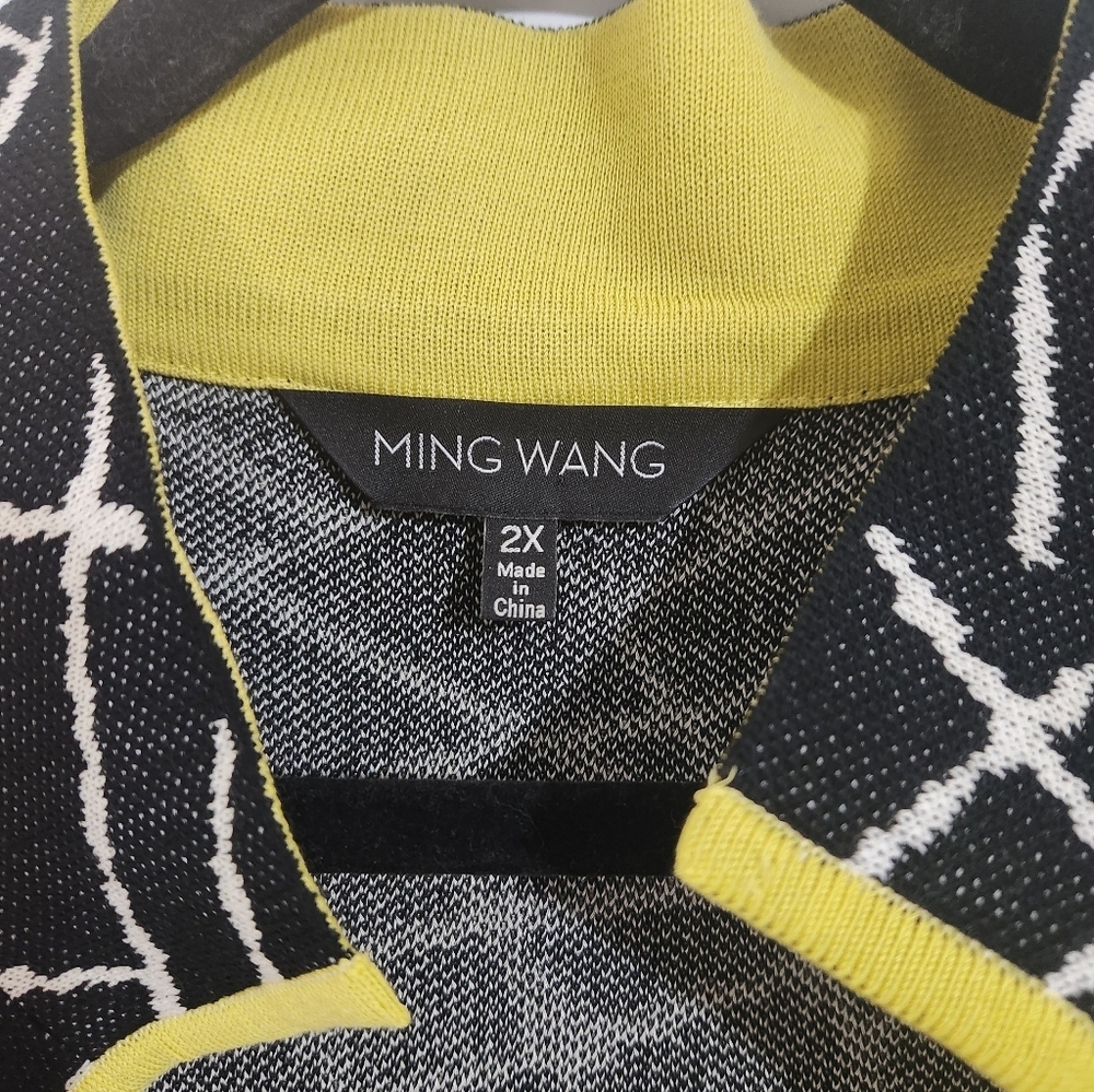 MING WANG Black and White Patterned Jacket with Yellow Trim, Size 2X - Picture 2 of 6